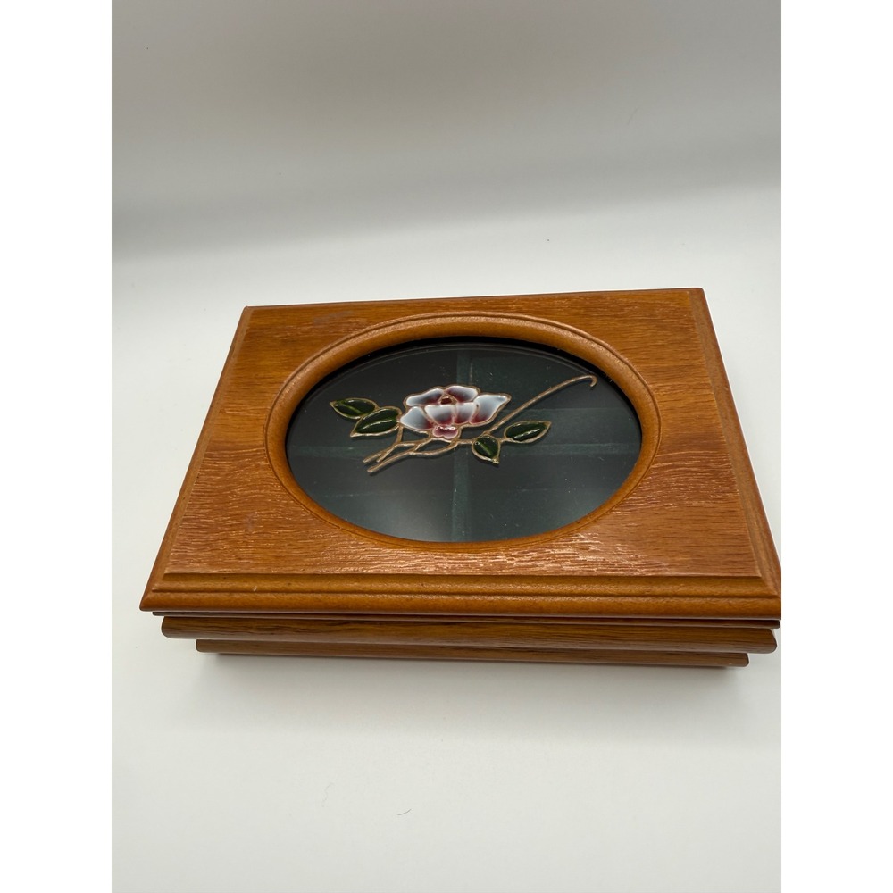 Vintage Mele Wooden Jewelry Box Stained Glass Floral Inlay Green Velvet Lining